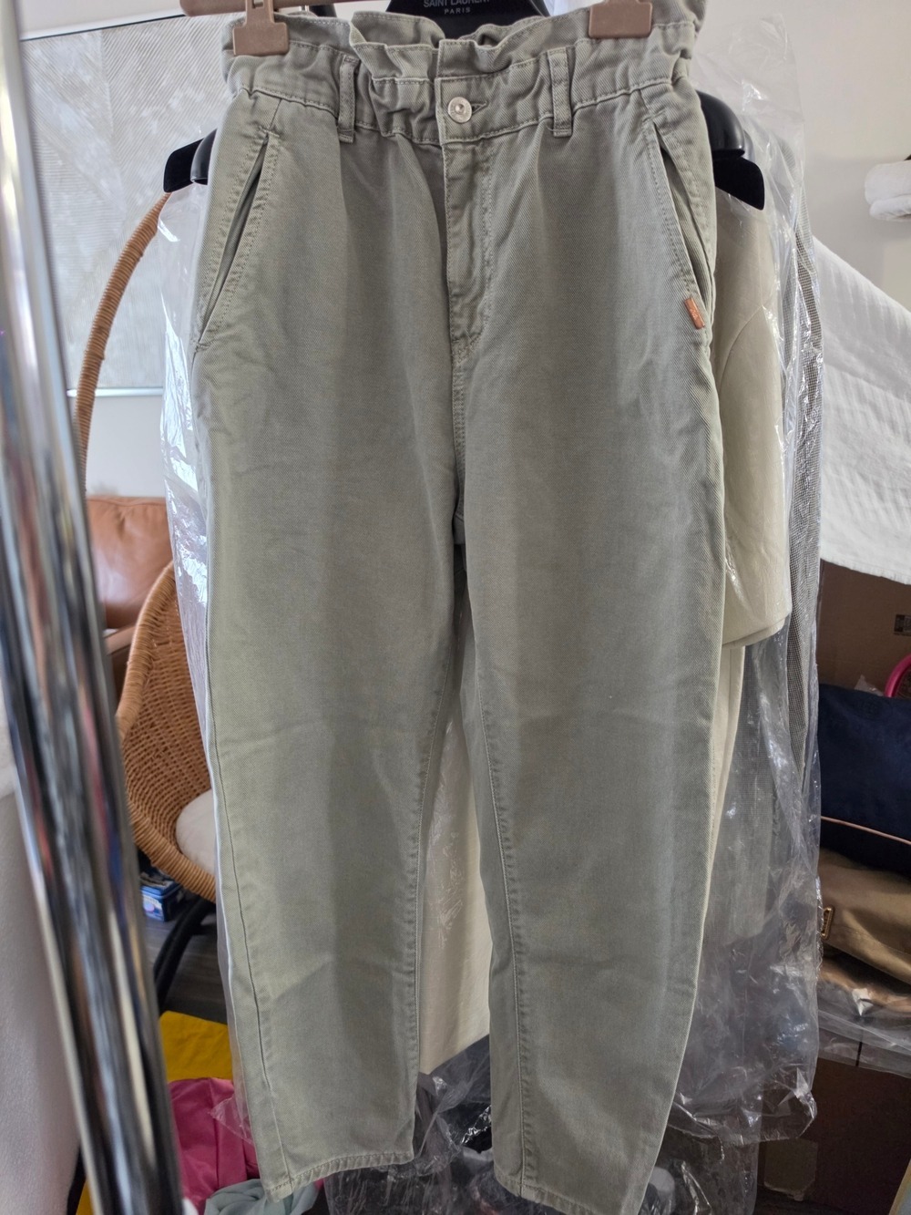 Casual Paperbag Waist Men’s Pants - Sage Green Size 2
